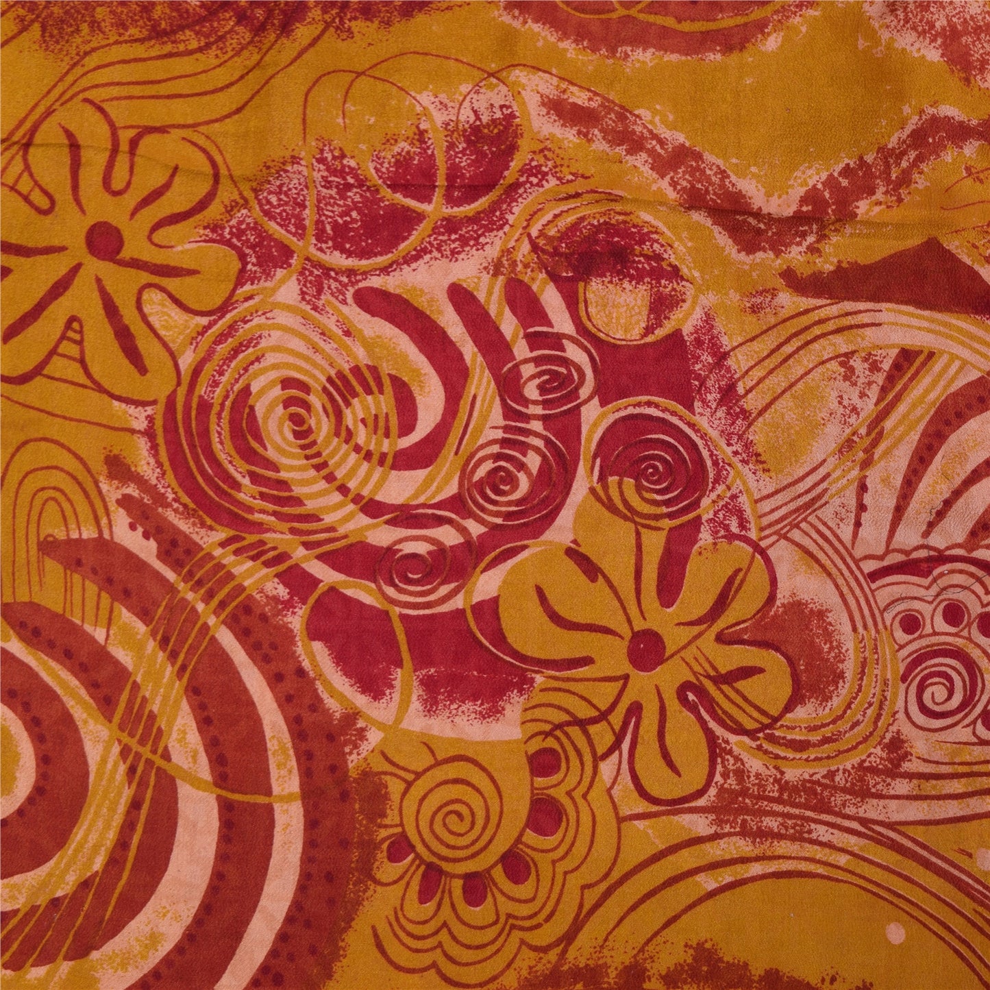 Sanskriti Vintage Sarees Red & Yellow Pure Crepe Printed Sari 5+yd Craft Sustainable Fabric