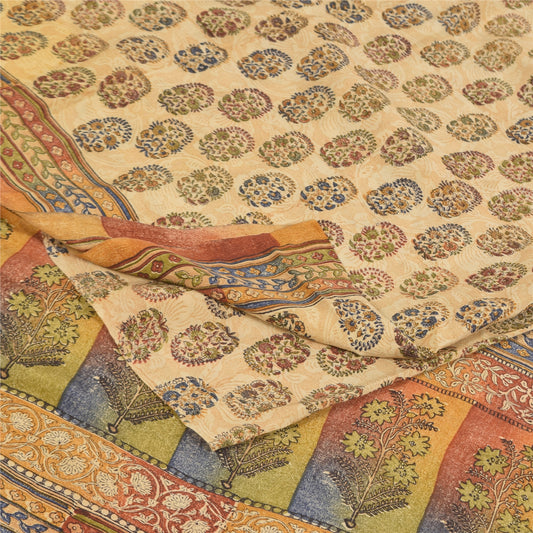 Sanskriti Vintage Sarees Cream Pure Crepe Silk Printed Sari 5+yd Craft Sustainable Fabric