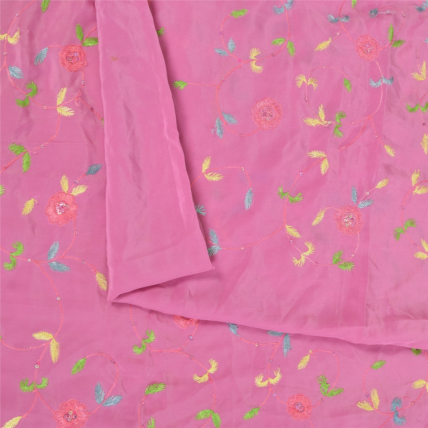 Sanskriti Vintage Sarees Pink Hand Beaded Suzani 100%Pure Crepe Sari 5+yd Sustainable Fabric