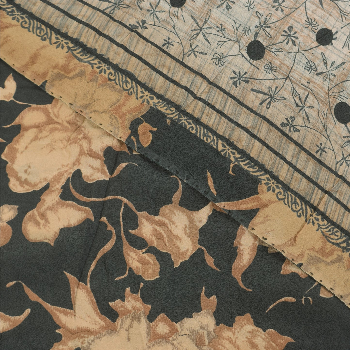 Sanskriti Vintage Sarees Ivory Pure Crepe Silk Printed Sari 5+yd Craft Sustainable Fabric