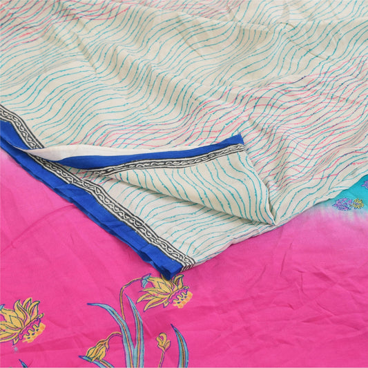 Sanskriti Vintage Sarees Ivory Pure Crepe Silk Printed Sari 5+yd Craft Sustainable Fabric