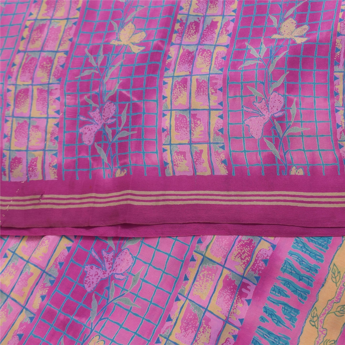 Sanskriti Vintage Sarier Lilla Ren Crepe Silke Trykt Sari 5+ yard Håndværk Bæredygtigt Stoff