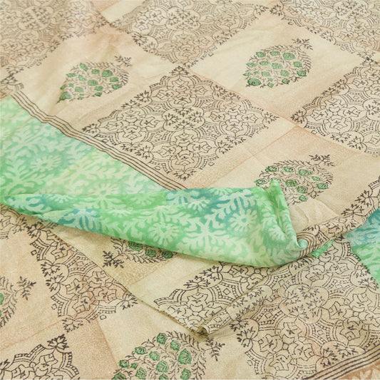 Sanskriti Vintage Sarees Cream & Green Pure Crepe Printed Sari 5+yd Craft Sustainable Fabric