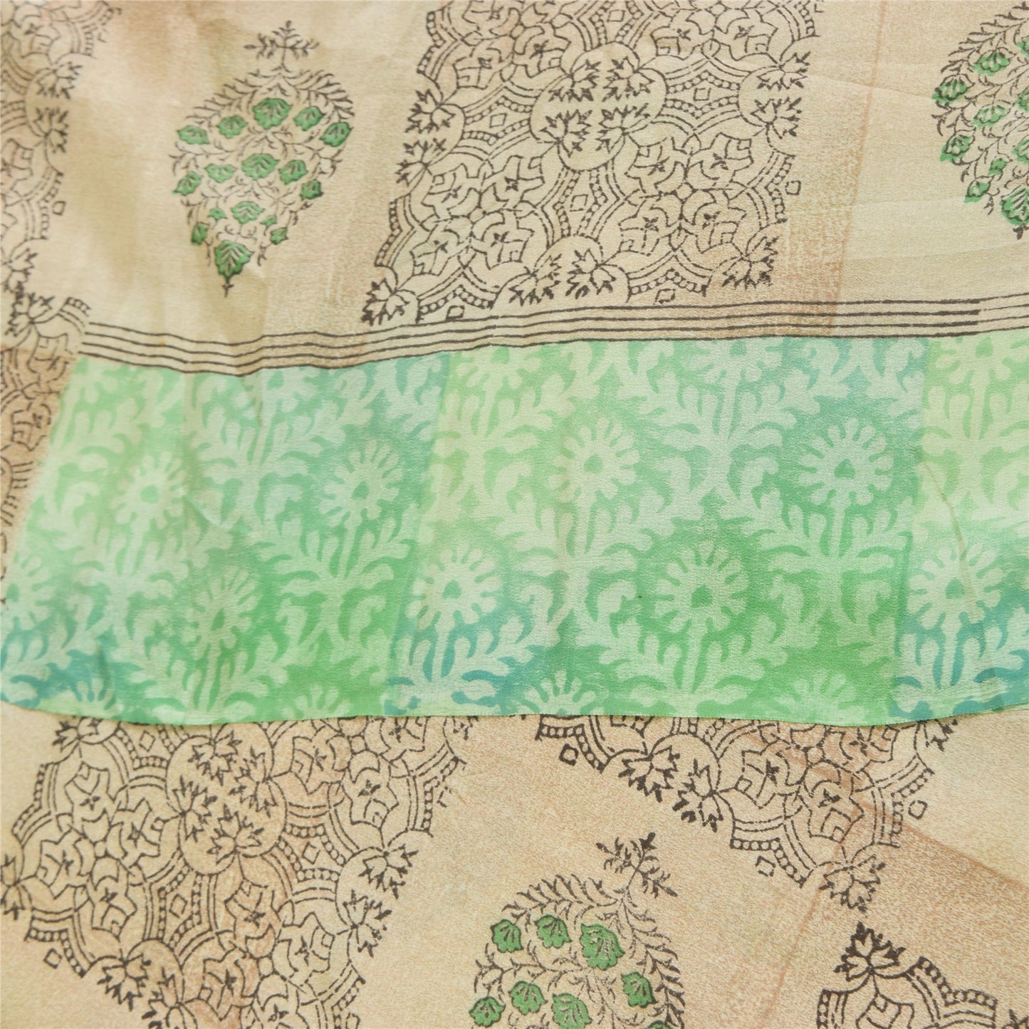 Sanskriti Vintage Sarees Cream & Green Pure Crepe Printed Sari 5+yd Craft Sustainable Fabric