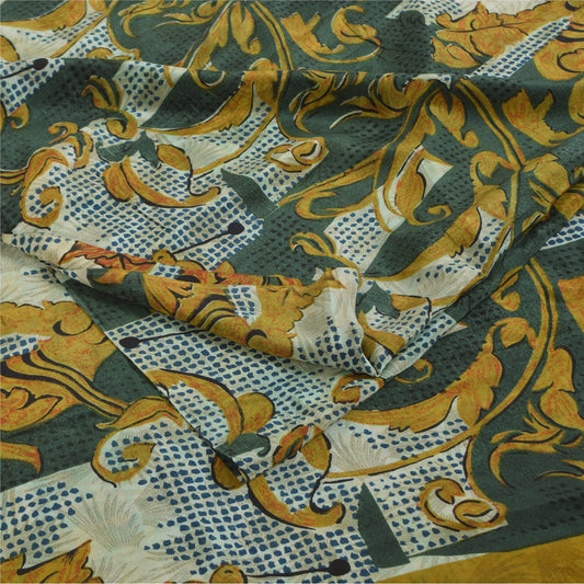 Sanskriti Vintage Sarier Grøn & Elfenbensfarvet Ren Crepe Trykt Sari 5+ yard Håndværksmæssigt Bæredygtigt Stoff