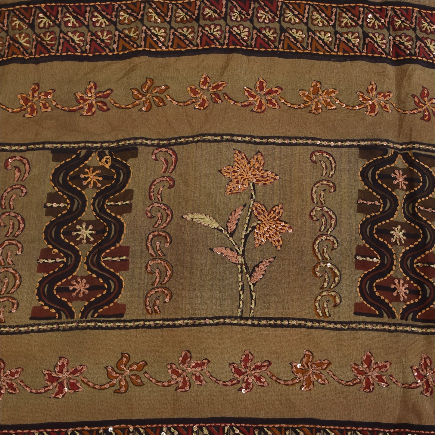 Sanskriti Vintage Sarees Pure Crepe Hand Beaded Kantha Printed Sari 5+yd Sustainable Fabric