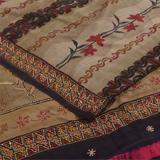 Sanskriti Vintage Sarees Pure Crepe Hand Beaded Kantha Printed Sari 5+yd Sustainable Fabric