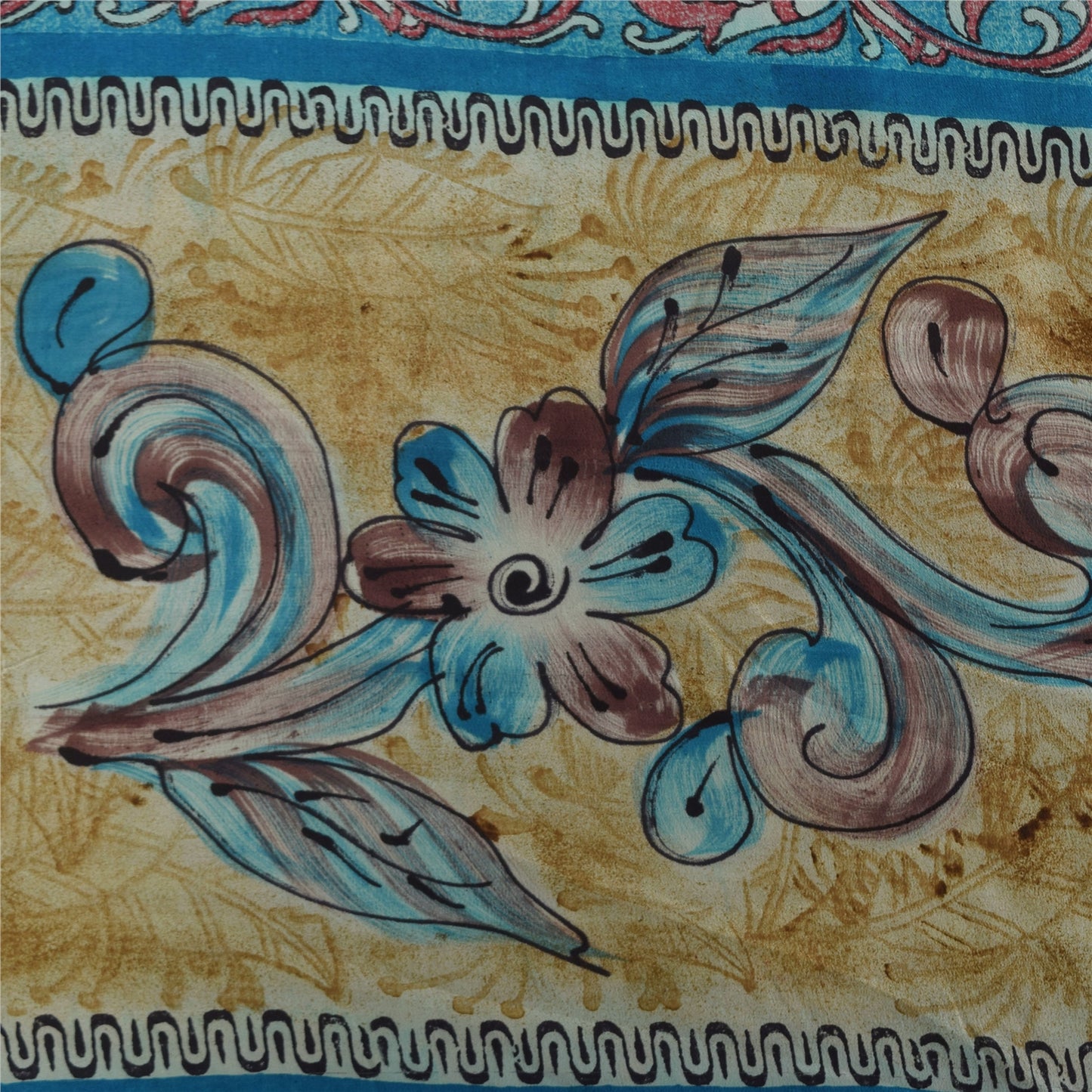 Sanskriti Vintage Sarees Blue & Pink Pure Crepe Silk Print Sari 5+yd Sustainable Fabric