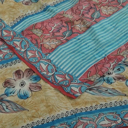 Sanskriti Vintage Sarier Blå & Pink Ren Crepe Silke Print Sari 5+ yards Bæredygtigt Stoff