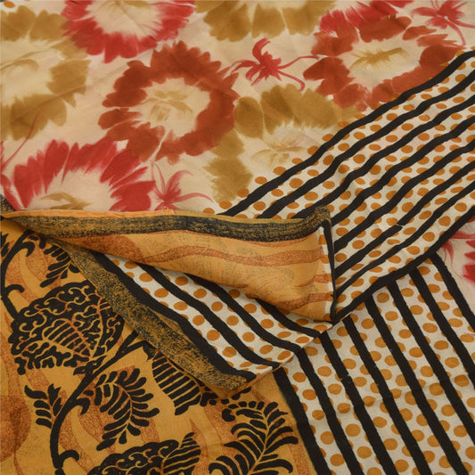 Sanskriti Vintage Sarees Saffron Pure Crepe Silk Printed Sari 5+yd Craft Sustainable Fabric