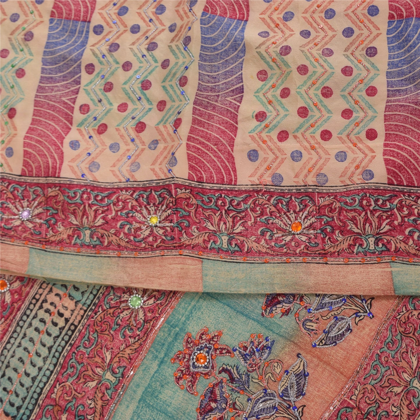 Sanskriti Vintage Sarees Peach 100% Pure Crepe Silk Print Sari 5+yd Craft Sustainable Fabric