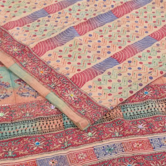 Sanskriti Vintage Sarees Peach 100% Pure Crepe Silk Print Sari 5+yd Craft Sustainable Fabric