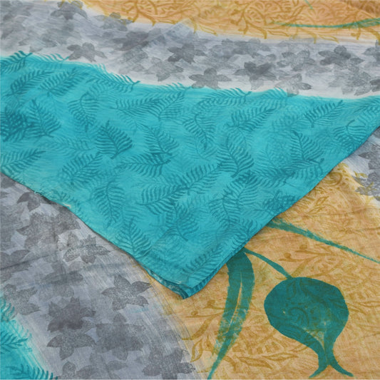 Sanskriti Vintage Sarees Blue 100%Pure Crepe Silk Printed Sari 5+yd Craft Sustainable Fabric