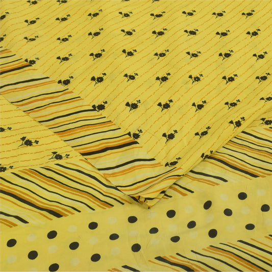 Sanskriti Vintage Sarees Yellow Pure Crepe Silk Printed Sari 5+yd Craft Sustainable Fabric