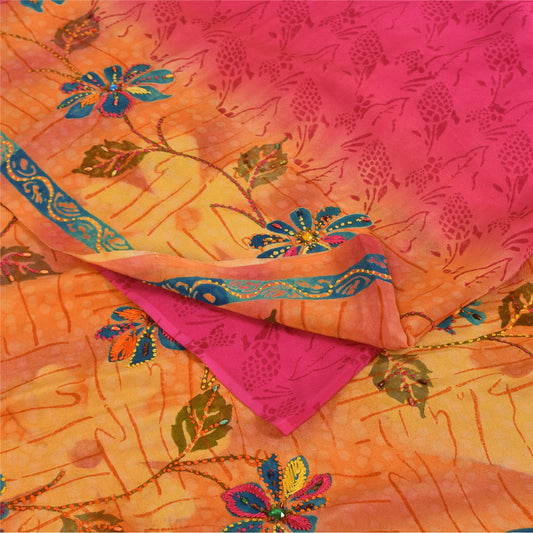 Sanskriti Vintage Sarees Hand Bead Pure Crepe Silk Print Sari 5+yd Craft Sustainable Fabric