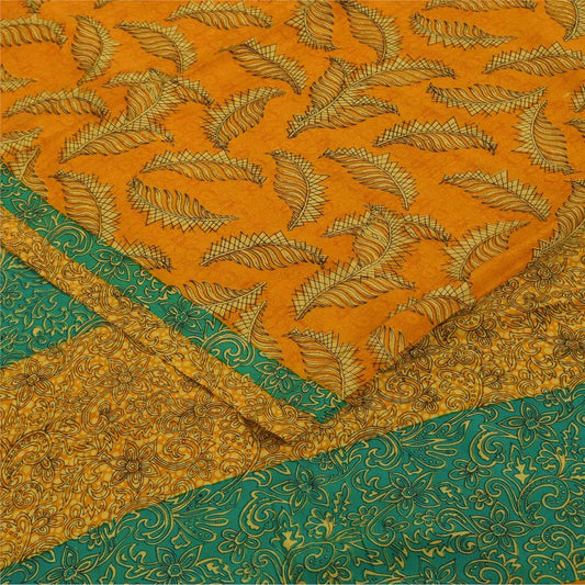 Sanskriti Vintage Sarees Yellow Pure Crepe Silk Printed Sari 5+yd Craft Fabric