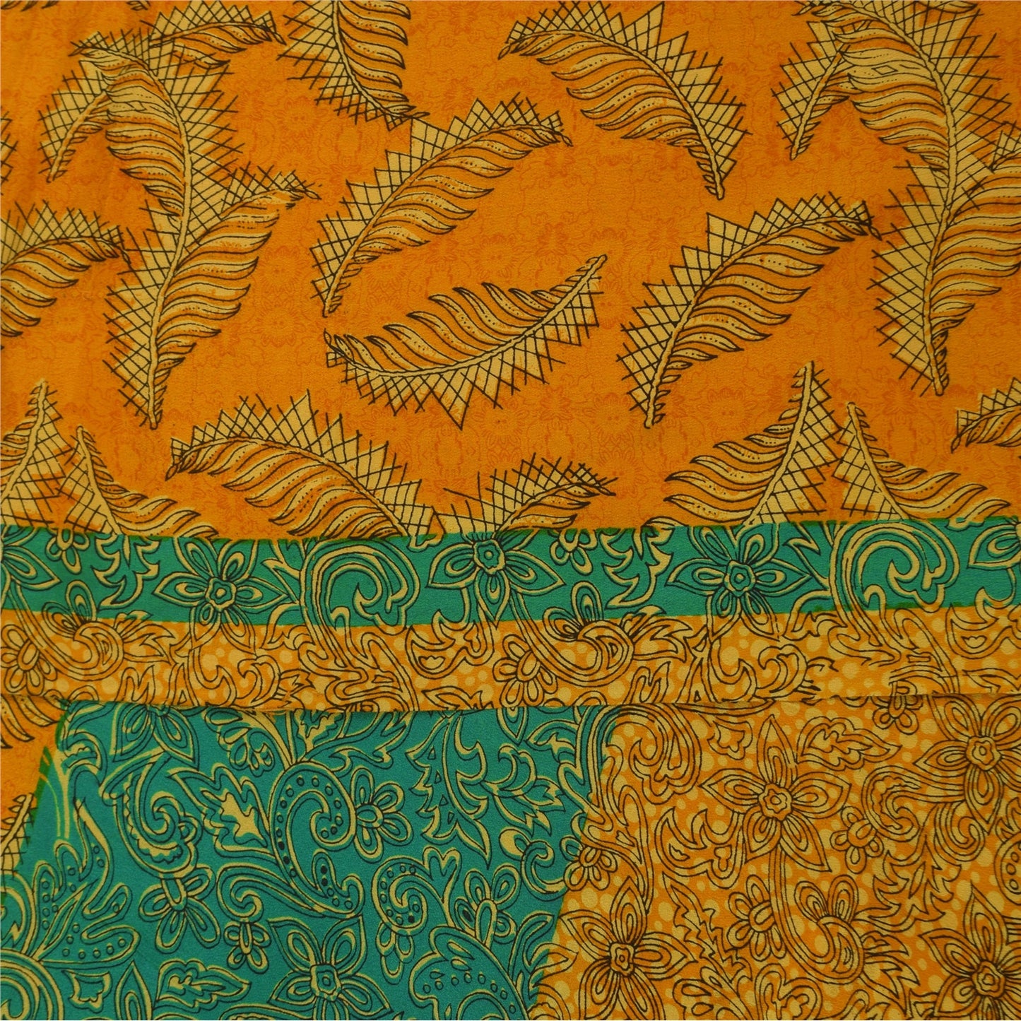 Sanskriti Vintage Sarees Yellow Pure Crepe Silk Printed Sari 5+yd Craft Sustainable Fabric