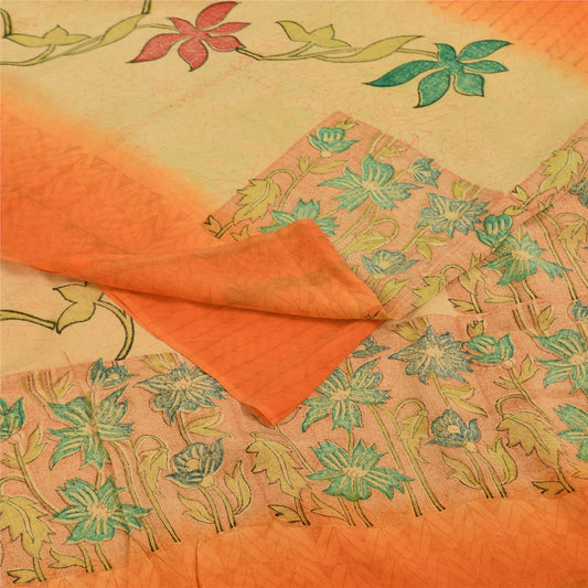 Sanskriti Vintage Sarees Orange Pure Crepe Silk Printed Sari 5+yd Craft Sustainable Fabric