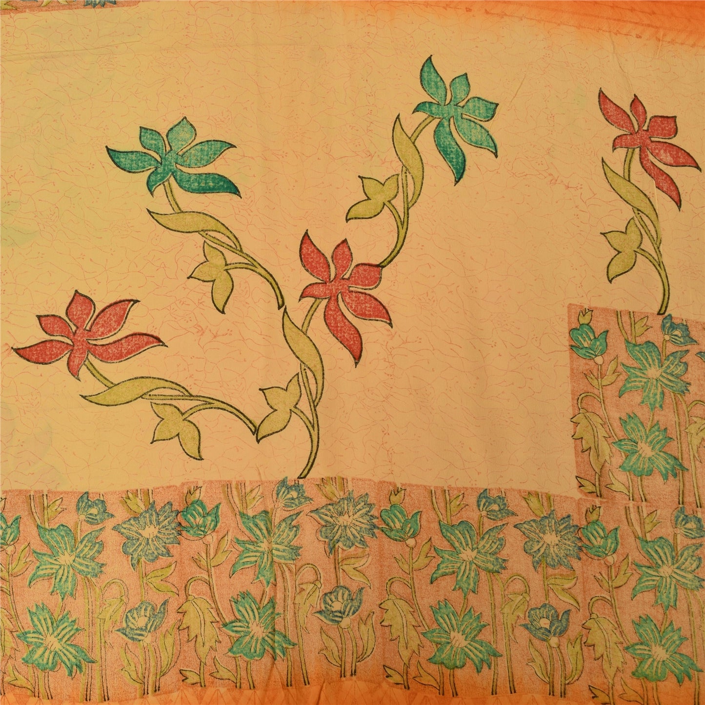 Sanskriti Vintage Sarees Orange Pure Crepe Silk Printed Sari 5+yd Craft Sustainable Fabric