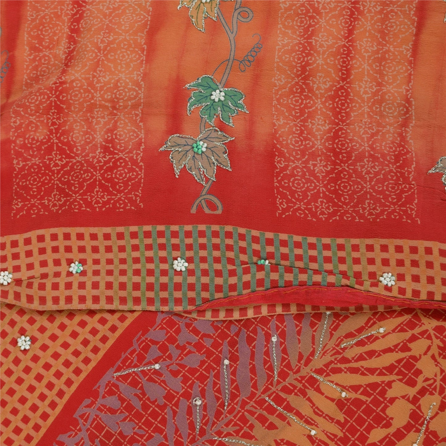 Sanskriti Vintage Sarees Pure Crepe Hand Beaded Tie-Dye Printed Sari 5+yd Sustainable Fabric