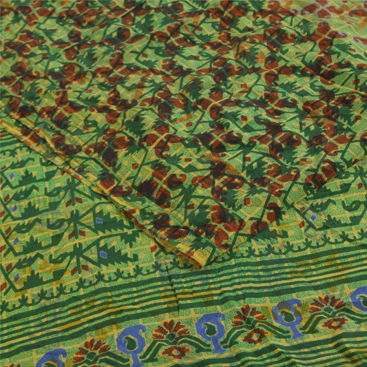 Sanskriti Vintage Sarees Green Jamdani Printed Pure Crepe Sari 5+yd Craft Sustainable Fabric