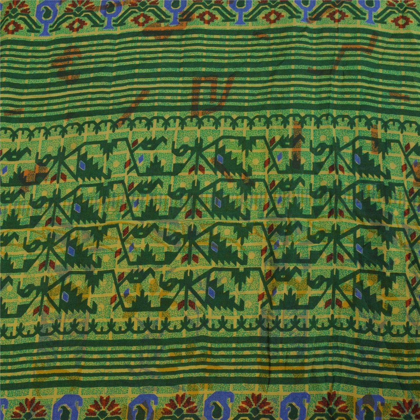 Sanskriti Vintage Sarees Green Jamdani Printed Pure Crepe Sari 5+yd Craft Sustainable Fabric