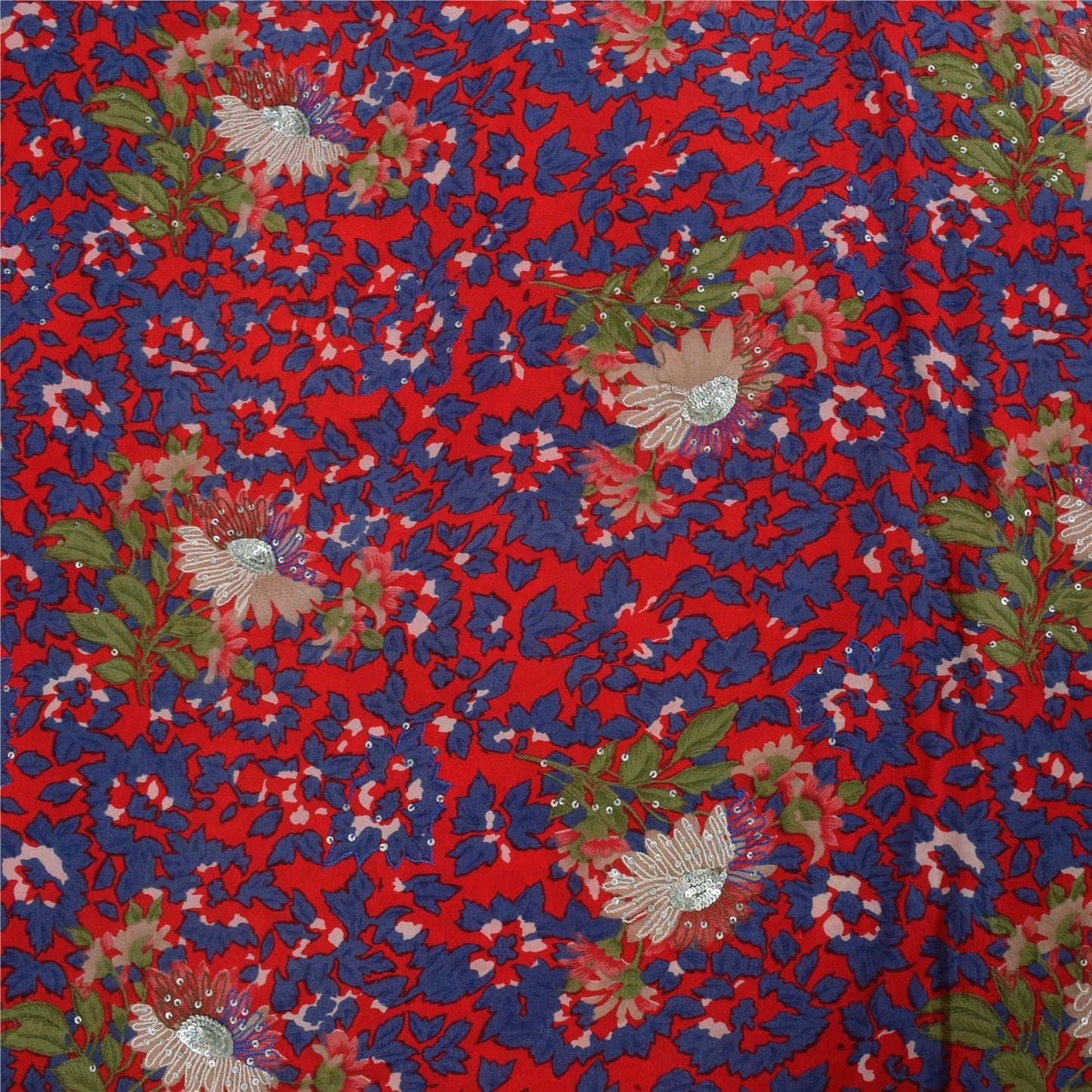 Sanskriti Vintage Sarees Red 100% Pure Crepe Silk Printed Sari 5+yd Craft Sustainable Fabric