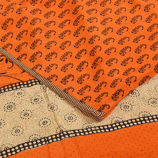 Sanskriti Vintage Sarees Orange Pure Crepe Silk Printed Sari 5+yd Craft Sustainable Fabric