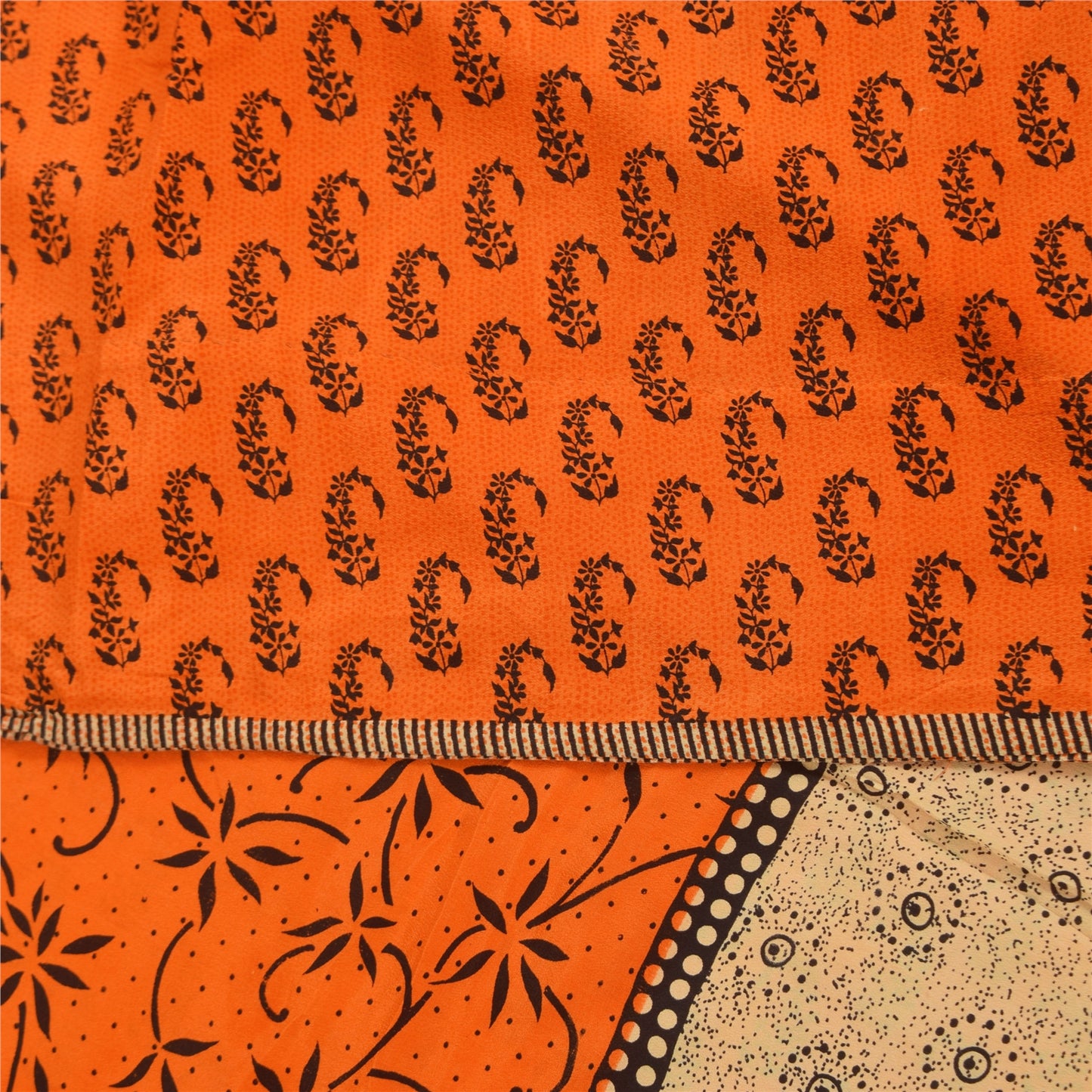 Sanskriti Vintage Sarees Orange Pure Crepe Silk Printed Sari 5+yd Craft Sustainable Fabric