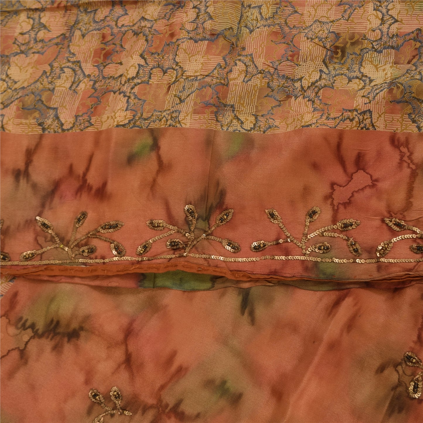 Sanskriti Vintage Sarees Hand Beaded Pure Crepe Printed Sari 5+yd Craft Sustainable Fabric