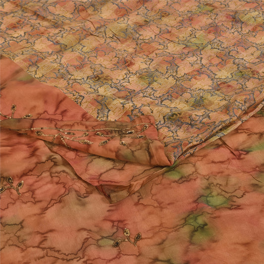 Sanskriti Vintage Sarees Hand Beaded Pure Crepe Printed Sari 5+yd Craft Sustainable Fabric