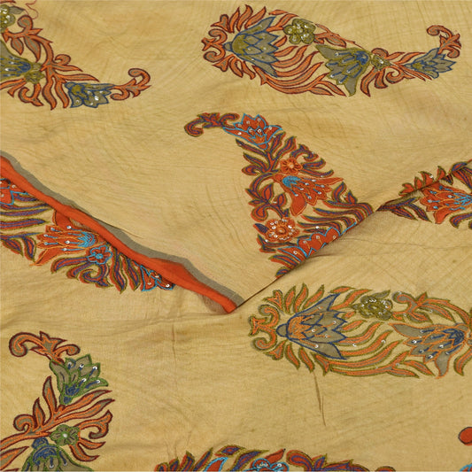 Sanskriti Vintage Sarees Cream Hand Beaded Pure Crepe Printed Sari 5+yd Sustainable Fabric