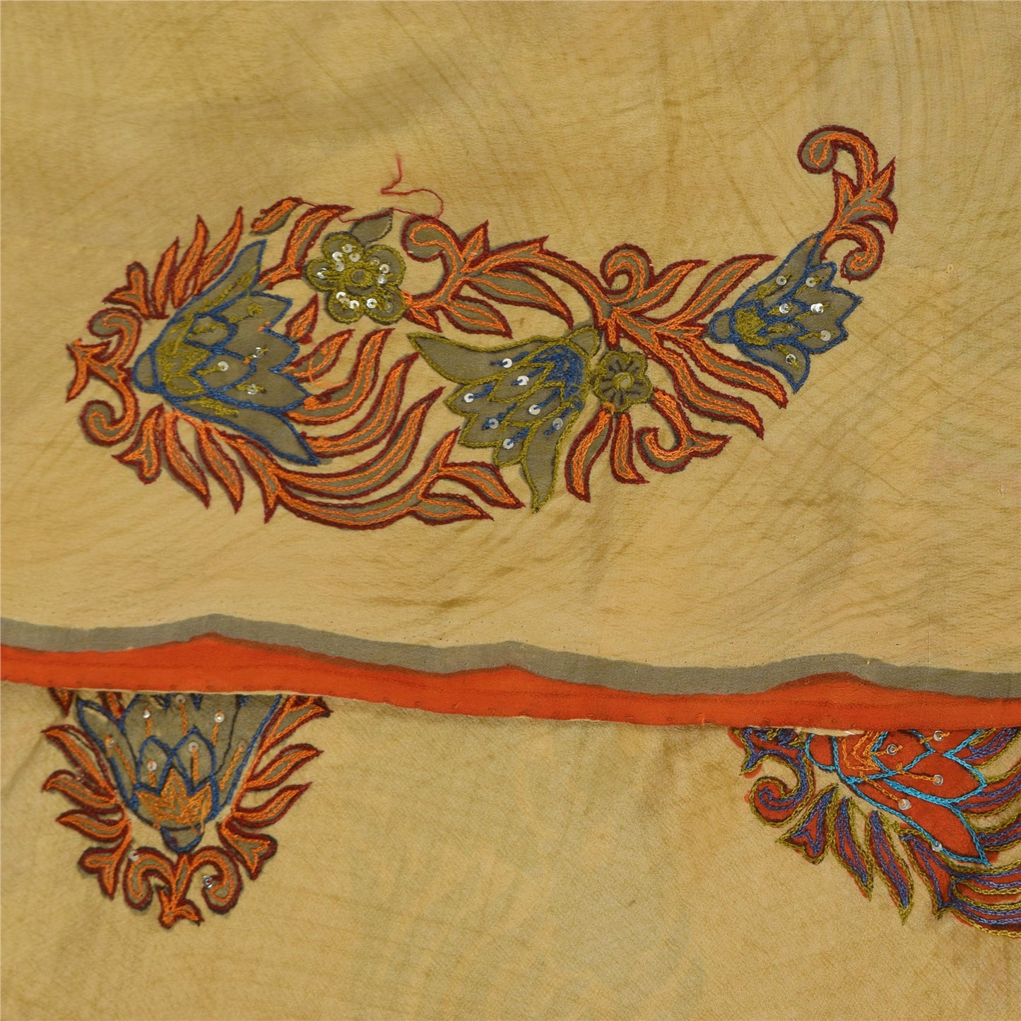 Sanskriti Vintage Sarees Cream Hand Beaded Pure Crepe Printed Sari 5+yd Sustainable Fabric