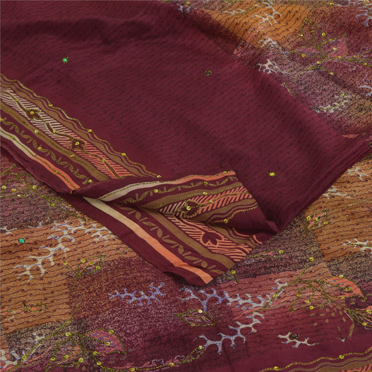 Sanskriti Vintage Sarees Purple Hand Beaded Pure Crepe Printed Sari 5+yd Sustainable Fabric