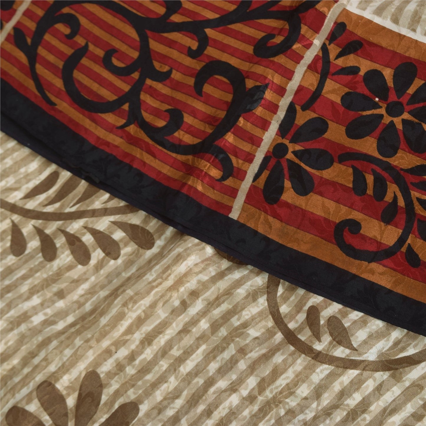 Sanskriti Vintage Sarees Ivory Pure Crepe Silk Printed Sari 5+yd Craft Sustainable Fabric