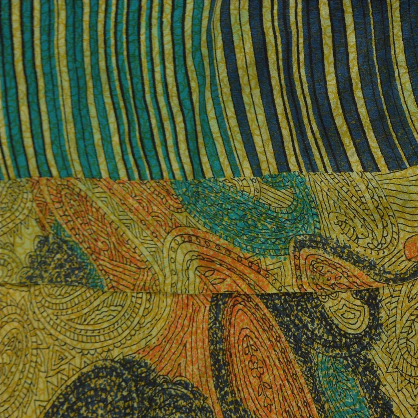 Sanskriti Vintage Sarees Green Pure Crepe Silk Printed Sari 5+yd Craft Fabric