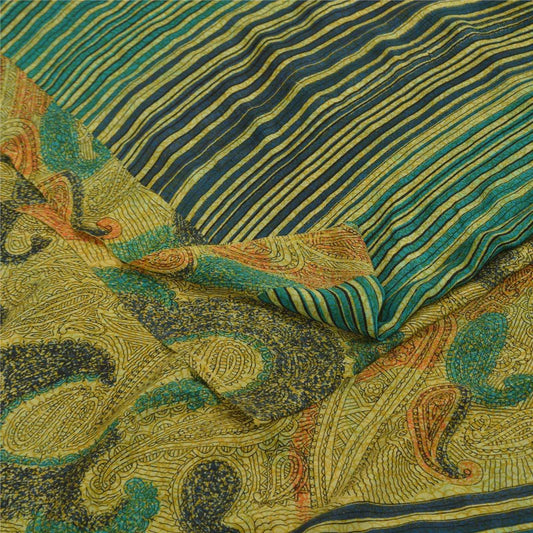 Sanskriti Vintage Sarees Green Pure Crepe Silk Printed Sari 5+yd Craft Fabric