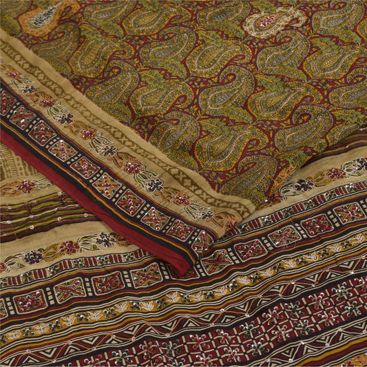 Sanskriti Vintage Sarees Red Hand Beaded 100%Pure Crepe Printed Sari 5+yd Fabric