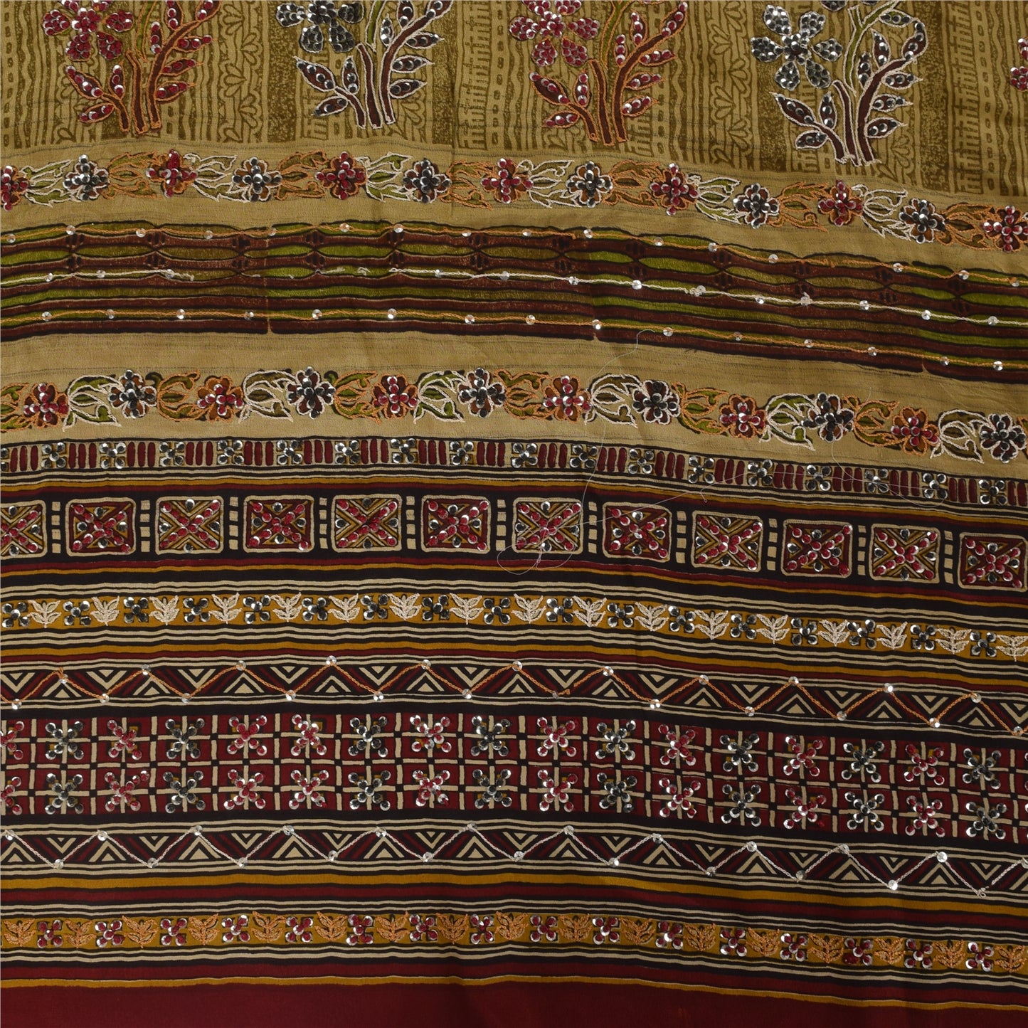 Sanskriti Vintage Sarees Red Hand Beaded 100%Pure Crepe Printed Sari 5+yd Fabric