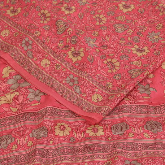Sanskriti Vintage Sarees Coral Pink Pure Crepe Silk Print Sari 5+yd Craft Fabric