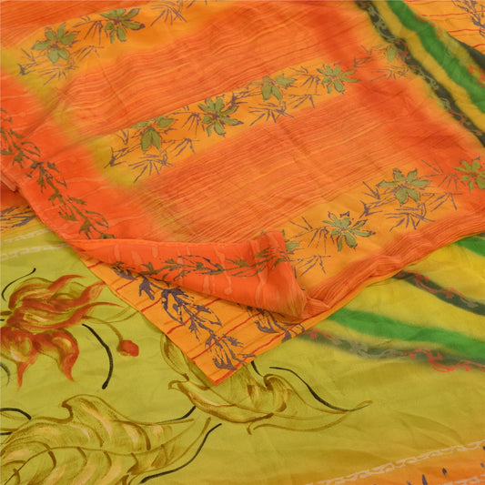 Sanskriti Vintage Sarees Orange Pure Crepe Silk Printed Sari 5+yd Craft Sustainable Fabric
