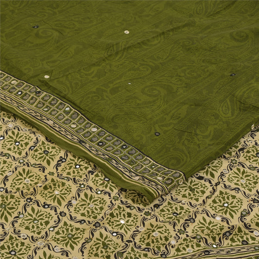 Sanskriti Vintage Sarees Green Embroidered Pure Crepe Printed Sari 5+yd Fabric