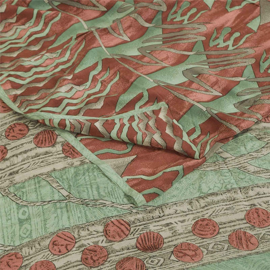 Sanskriti Vintage Sarees Green & Red Crepe Silk Printed Sari 6+yd Craft Fabric