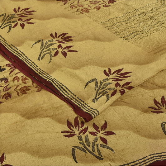 Sanskriti Vintage Sarees Cream Pure Crepe Silk Printed Sari 5+yd Craft Fabric