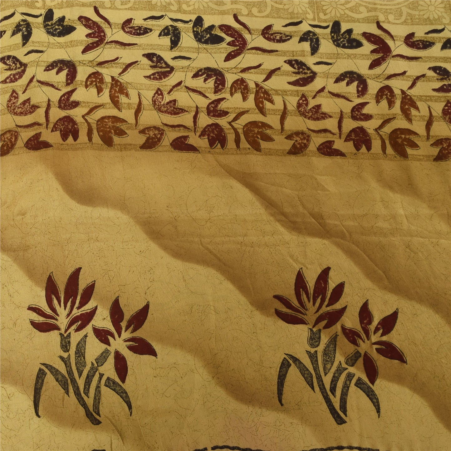 Sanskriti Vintage Sarees Cream Pure Crepe Silk Printed Sari 5+yd Craft Fabric