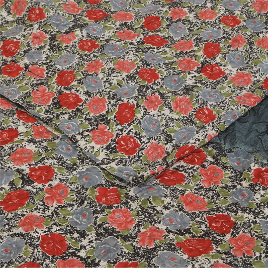 Sanskriti Vintage Sarees Black Pure Crepe Silk Printed Sari 6yd SoftCraft Fabric