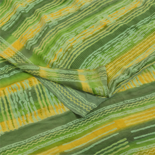 Sanskriti Vintage Sarees Green Pure Crepe Silk Printed Sari 5+yd Craft Fabric