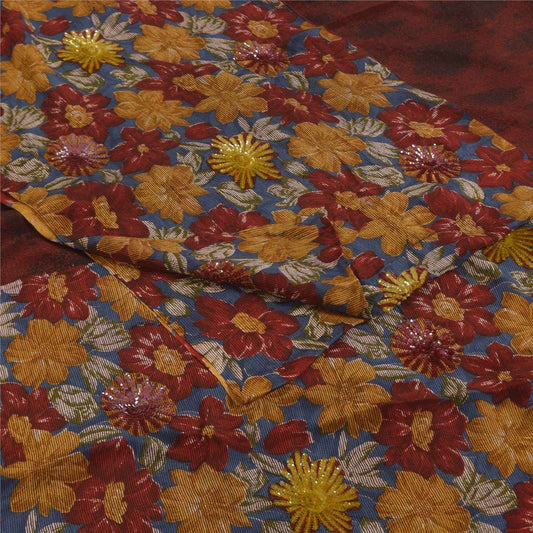Sanskriti Vintage Sarees Multicolor Pure Crepe Silk Print Sari 5+yd Craft Fabric