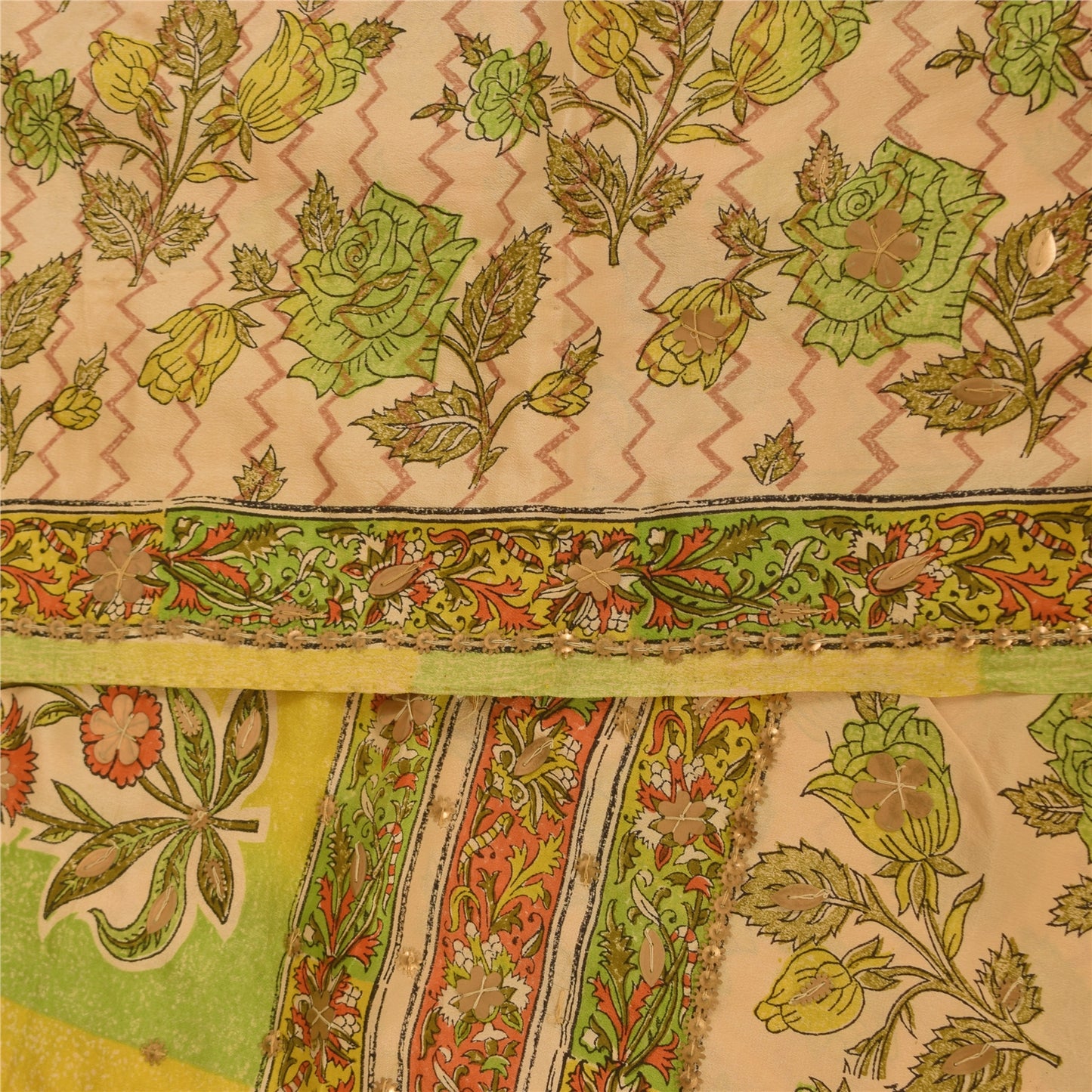 Sanskriti Vintage Sarees Cream Pure Crepe Silk Printed Sari 5+yd Craft Fabric