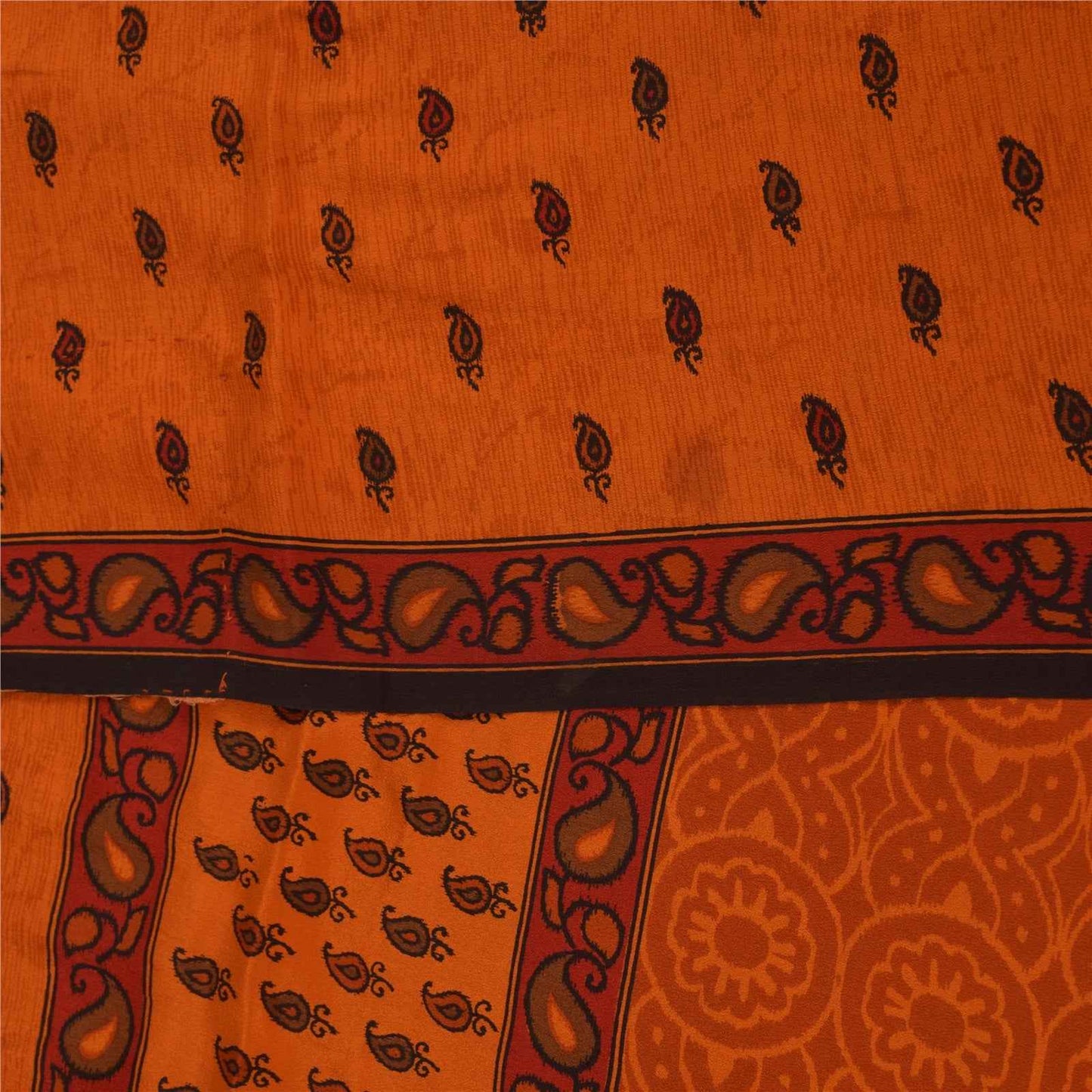 Sanskriti Vintage Sarees Saffron Pure Crepe Silk Printed Sari 6yd Craft Fabric